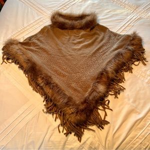 Ellie & Kate Brown Fur Lined Fringe Poncho/Cape